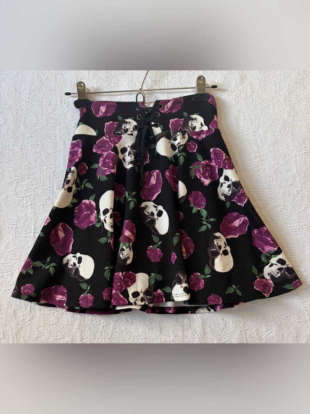 Midnight Hour Floral Lace-Up Skater/Goth Skirt in Black/Purple/Pink Size XS